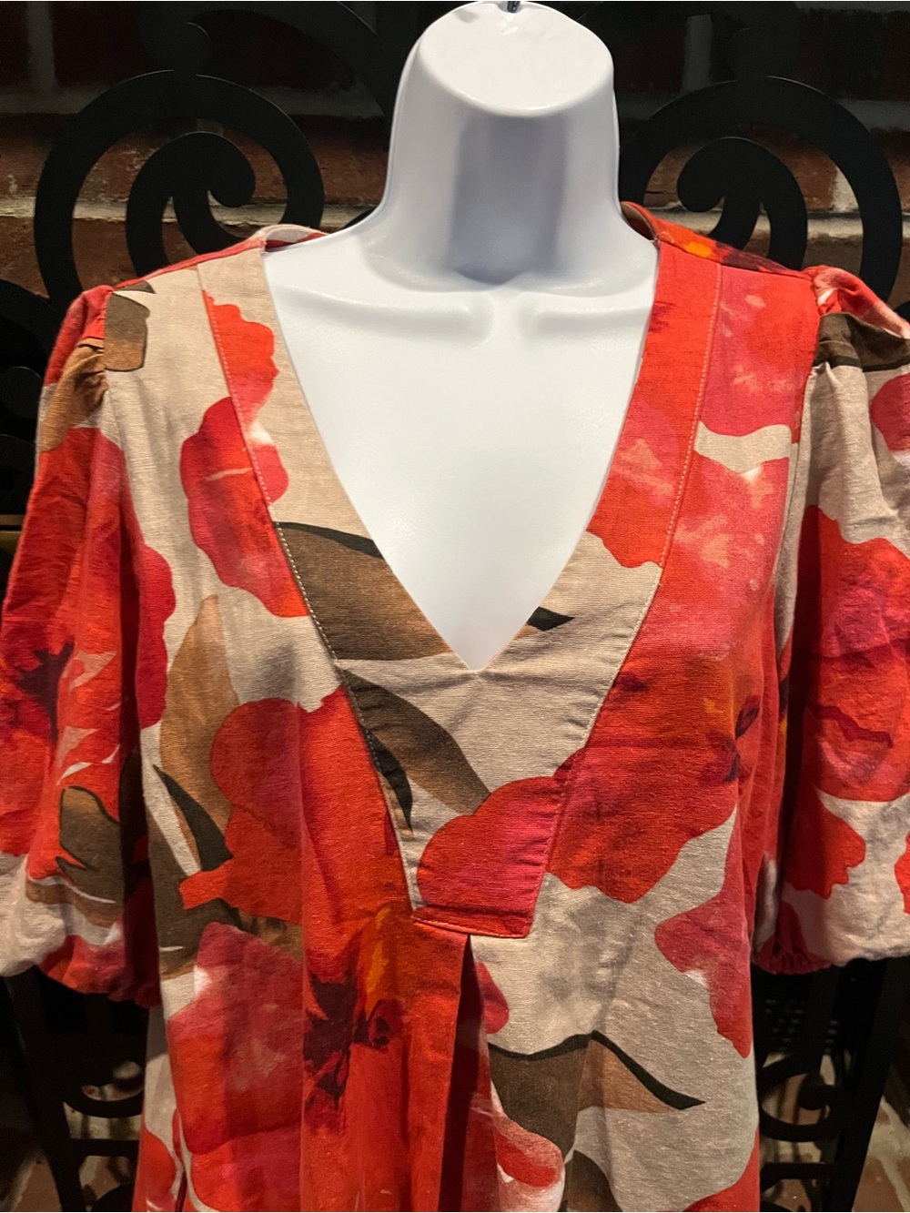 Cynthia Rowley Orangey Floral V-Neck Puff-Sleeve Women's Dress Size: Large NWOT - Picture 3 of 13